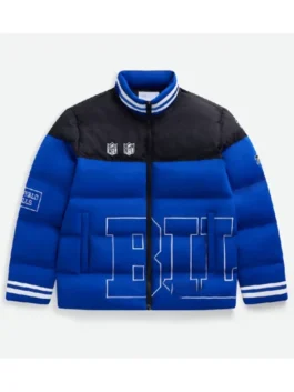 Front view of a royal blue and black puffer jacket with a white-striped ribbed collar. The jacket has the NFL shield logo on the black upper portion and "BILLS" outlined in white on the blue lower portion.