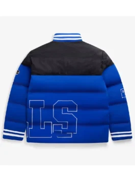 Back view of a royal blue and black puffer jacket with a ribbed collar. The jacket has 