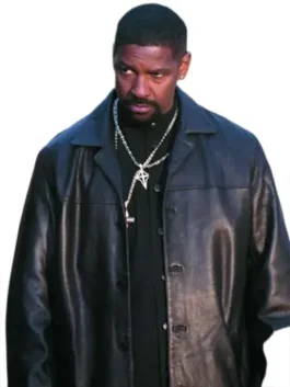 Denzel Washington Training Day Leather Coat, a black, collared trench style worn by Alonzo Harris in the film.