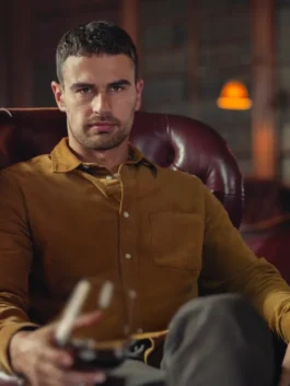 Eddie Horniman brown button up shirt worn by Theo James, a relaxed yet powerful casual brown shirt outfit in The Gentlemen.
