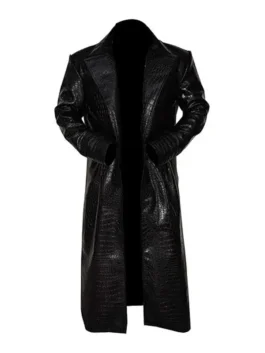 Iconic Morpheus Fishburne alligator coat with embossed leather pattern, belt design