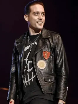 G-Eazy concert biker leather jacket featuring patches and multiple zippers. The jacket is part of the iconic G-Eazy These Things Happen leather jacket style.