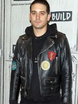 G-Eazy black biker leather jacket worn as part of his leather biker jacket outfit. This jacket features multiple patches.