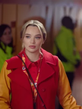 Close-up of actress Alana Higman with her hair half-up, wearing a red coat with yellow or gold varsity-style sleeves and a red button-down shirt. She has a patterned yellow and red lanyard around her neck.