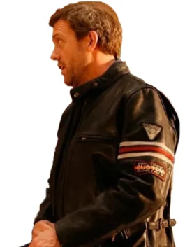Back view House MD leather jacket, black biker style with orange and white arm stripes
