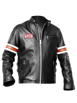 House MD leather jacket on Hugh Laurie, casual seated look in black TV series motorcycle style