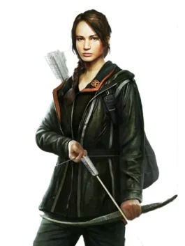 Front view Hunger Games jacket, Katniss Black leather Hunger Games arena jacket