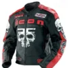 Front view icon motorhead jacket with skull graphic, red panels and racing style