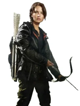 Closeup Katniss Black leather Hunger Games jacket, forest arena jacket cosplay style