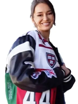 Kristin Juszczyk's Super Bowl jacket—a custom-designed, colorful varsity jacket with patches.