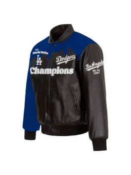 Front view of the LA Dodgers x JH Design 2025 World Champion Snap Leather Jacket. This LA Dodgers 2025 World Champion Leather Jacket features blue shoulder/sleeve panels and black leather body/sleeves. It showcases 
