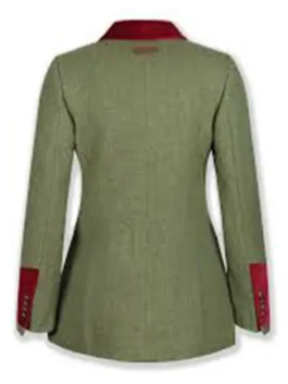 Rear view of the Lady Sabrina The Gentlemen 2024 blazer. Shows the red velvet cuffs and collar on the green tweed Joely Richardson blazer jacket.