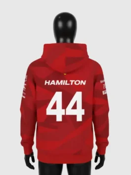 Back view of the Lewis Hamilton Vegas F1 2025 hoodie on a mannequin, displaying his name 