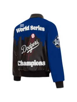 Back view of the Los Angeles Dodgers 2025 World Champion Leather Jacket. This Dodgers 2025 World Champion Leather Jacket is blue and black, displaying 