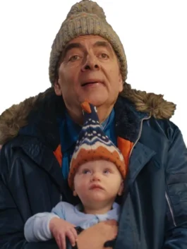 Rowan Atkinson baby series parka jacket. Close-up on Trevor Bingley wearing his Rowan Atkinson Man vs Baby blue jacket and a pom-pom hat.