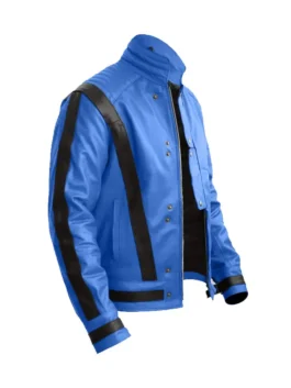 Side view of a Michael Jackson blue leather jacket with prominent black stripes on the sleeves.
