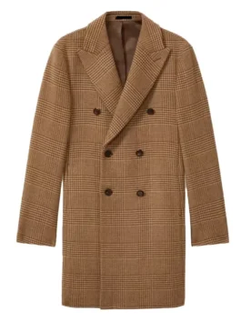 My Secret Santa Ryan Eggold long wool coat movie outfit. A man wearing the inspired brown plaid double-breasted coat.