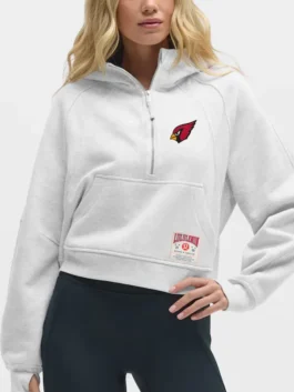 Grey lululemon x NFL oversized scuba half zip hoodie for women, featuring the Arizona Cardinals team logo.