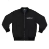Front of the Narcissist Black Bomber Jacket with "VSECURITY" text and an orange inner lining. A streetwear bomber jacket.