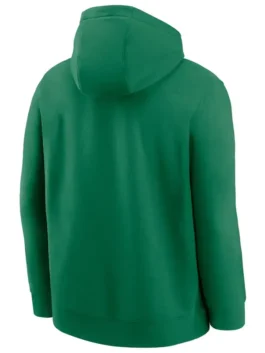 A rear view of the bright green Nike Philadelphia Eagles Rewind Club pullover hoodie, showing the back of the hood and body, which is plain green.