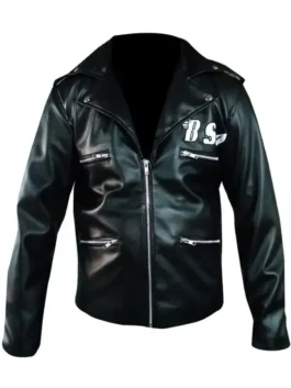Front view of the Rockers Revenge jacket with silver zippers and 