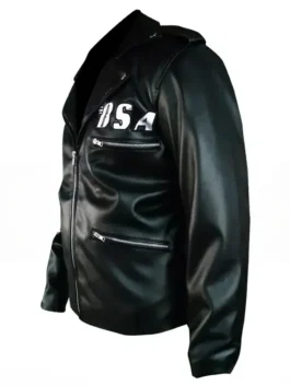 Side view of the black Rockers Revenge black leather jacket with zipper details and 