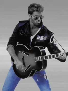 Black closeup of George Michael wearing the iconic Rockers Revenge jacket and aviator sunglasses.