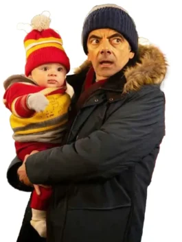 Rowan Atkinson Man VS Baby S01 Jacket. Trevor Bingley wears a blue parka jacket from the series, holding the baby in an outfit.
