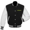 Detailed shot of the blue and black V’s Cyberpunk varsity jacket, a unique colorway of the Cyberpunk 2077 varsity jacket.