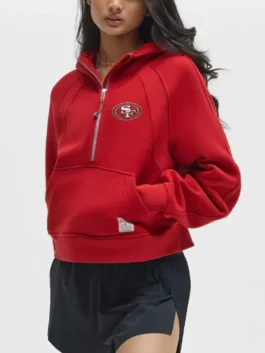 Red San Francisco 49ers NFL x lululemon women's scuba oversized half zip hoodie with the team's large logo.