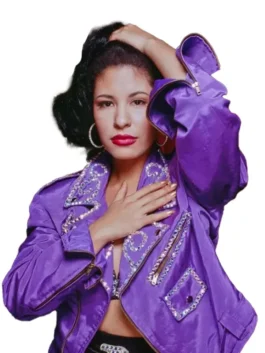 Selena Quintanilla Purple Jacket, iconic look with rhinestone accents and matching bustier outfit.