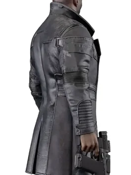 Full-body image of Idris Elba Cyberpunk coat as Solomon Reed from Phantom Liberty. This is the distinctive black Solomon Reed cyberpunk 2077 coat.