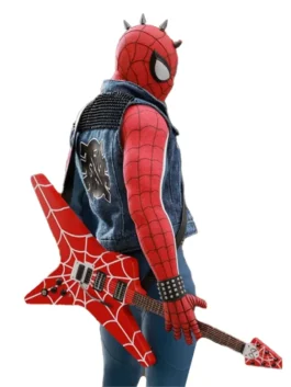 Spider Punk Marvel cosplay vest detailed shot, punk rock denim jacket with spikes and badges
