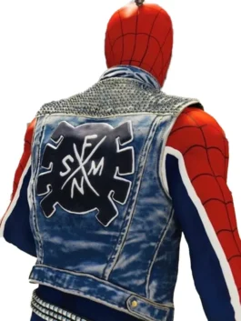 Spider Punk punk rock style vest back view, Marvel sleeveless denim jacket with guitar prop