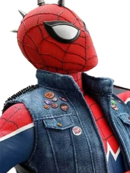 Spider Punk vest front view, Marvel punk rock style denim jacket with pins and studs