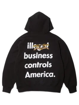 Supreme x Antihero Illegal Business Controls America hoodie front view, black