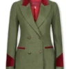 Detailed front shot of the green tweed The Gentlemen 2024 Joely Richardson blazer. The classic Lady Sabrina Halstead signature blazer.