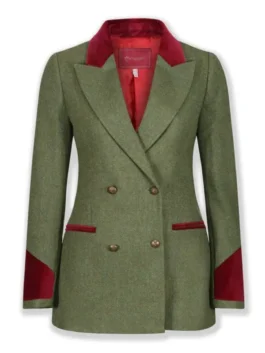 Detailed front shot of the green tweed The Gentlemen 2024 Joely Richardson blazer. The classic Lady Sabrina Halstead signature blazer.