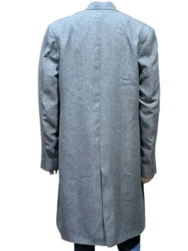 Back view of the long gray Theo James trench coat from The Gentlemen 2024 at America Jackets.