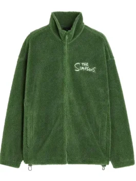 A full-front view of an oversized, dark green sherpa fleece jacket with a high collar and a full zipper. The white embroidered text 