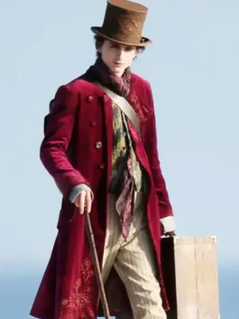 Timothée Chalamet Wonka coat in a striking maroon velvet. This long coat is from the 2023 Wonka film and features detailing.