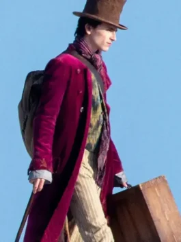 Timothée Chalamet Wonka Maroon coat worn in the 2023 Wonka movie. The long trench coat is made of luxurious maroon velvet coat.