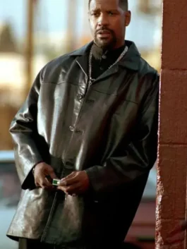 Alonzo Harris (Denzel Washington) Training Day Leather Coat—a black trench coat worn outdoors with silver jewelry.