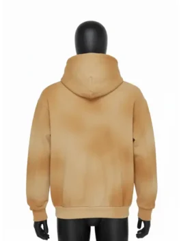Rear view of a neutral-colored mannequin wearing a slightly oversized, tan or brown tie-dye full-zip hooded sweatshirt. The back of the hoodie is plain and shows the garment's distressed or washed pattern.