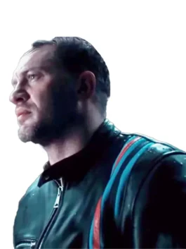 Close-up of the eddie brock venom 2 leather jacket in black. Features the snap-tab collar and shoulder detail.