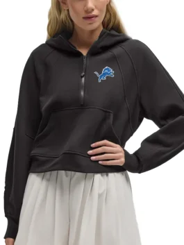 Front Black Detroit Lions lululemon women’s football hoodie, an oversized NFL scuba half zip design.