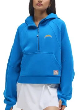 Blue Los Angeles Chargers NFL x lululemon women's scuba half zip hoodie, featuring the lightning bolt logo.