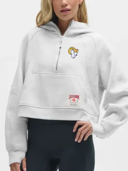 Light grey Los Angeles Rams oversized NFL x lululemon hoodie, featuring the Rams head logo.