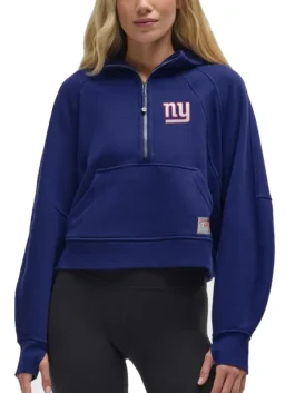 Front view of the blue New York Giants lululemon women's scuba half zip hoodie featuring the team logo.