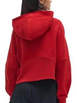 Back view of the red Atlanta Falcons lululemon x NFL women's scuba oversized half zip hoodie, showing the hood and seams.